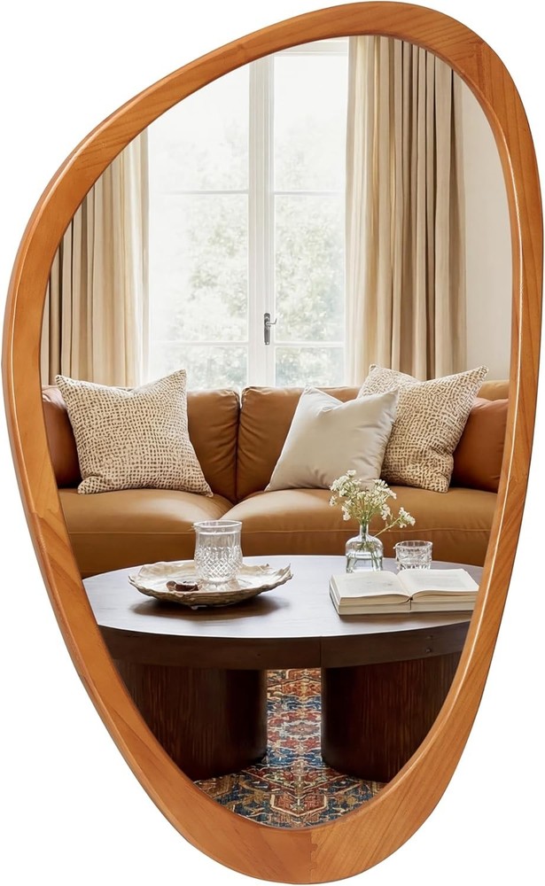 Irregular Wall Mirror 30x19in Solid Wood Frame Tempered Glass Asymmetrical Decor