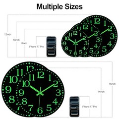Wooden Glow in The Dark Clock, 8 inch Silent Non-Ticking Battery 8 INCH Black