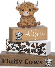 4 Pcs Highland Cow Table Decorations Cow Wooden Signs Rustic Tiered Tray Decor W
