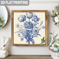 Vintage Blue Floral Bouquet Wooden Sign Rustic Farmhouse Decor for Bedroom Gift