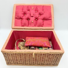 Vintage Wicker Sewing Basket Pink Tufted Satin Lining with Notions Set 10in