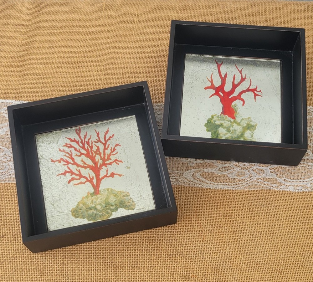 Coral Print, Mirror Effect Black Framed Shadow Boxes, Set of 2, Coastal Classy