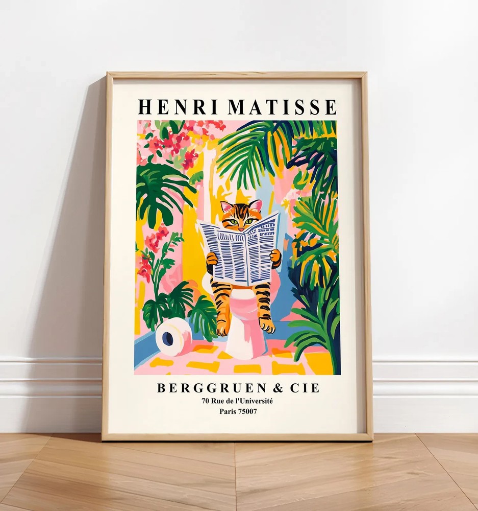 Henri Matisse Style Tabby Cat on Toilet Poster – Funny Bathroom Wall Art Print