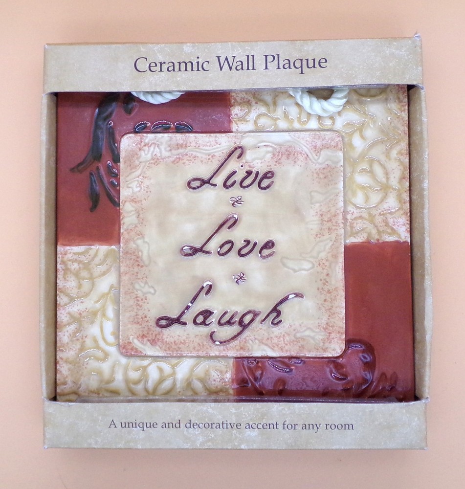 Ceramic square wall plaque featuring the text «Live Love Laugh» in beige & brown