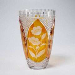 Bohemian Amber Yellow Cut to Clear Floral Blossom Petal Vase 6.25″dia 9.75″h