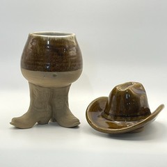 VTG 1981 Five Bridges Art Pottery Cowboy Boot Mug, Hat Vessel Set Western Whimsy