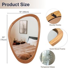 Irregular Wall Mirror 30x19in Solid Wood Frame Tempered Glass Asymmetrical Decor