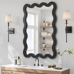 22″x30″ Matte Black Wavy Mirror Solid Wood Squiggle Wall Mirror Vertical