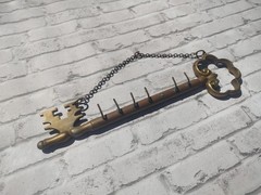 11″ Solid Brass Skeleton Key Shape Holder Rack 6 Hook Hanging on chain