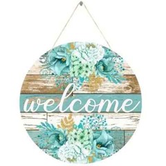 8×8 Inch Round Wooden Floral Wreath Welcome Sign – New – Includes Hanging Cord
