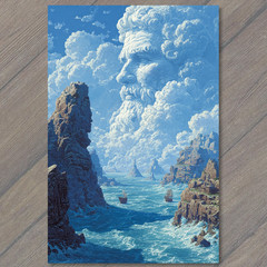 Art Print Epic Face In Sky Over Ocean Fortress Sailing Ship Below
