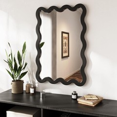 22″x30″ Matte Black Wavy Mirror Solid Wood Squiggle Wall Mirror Vertical