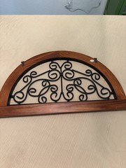 Traditional Arch Wall Decor, Brown Wood Frame w/ Black Metal Scrollwork, 20 in