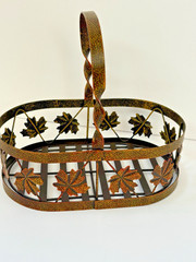 Metal Fall Maple Leaf Handled Basket Oblong Shape Rustic Fall Color