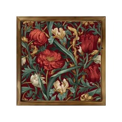 Vintage Red Floral Pattern Wooden Frame Sign Rich Red Green Botanical Wall Art