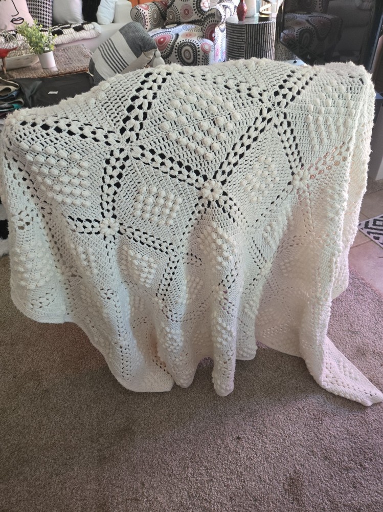 Off White Crochet, Handmade Square Pattern Afghan 90″x68″ Traditional Rectangle