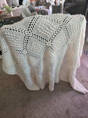 Off White Crochet, Handmade Square Pattern Afghan 90″x68″ Traditional Rectangle