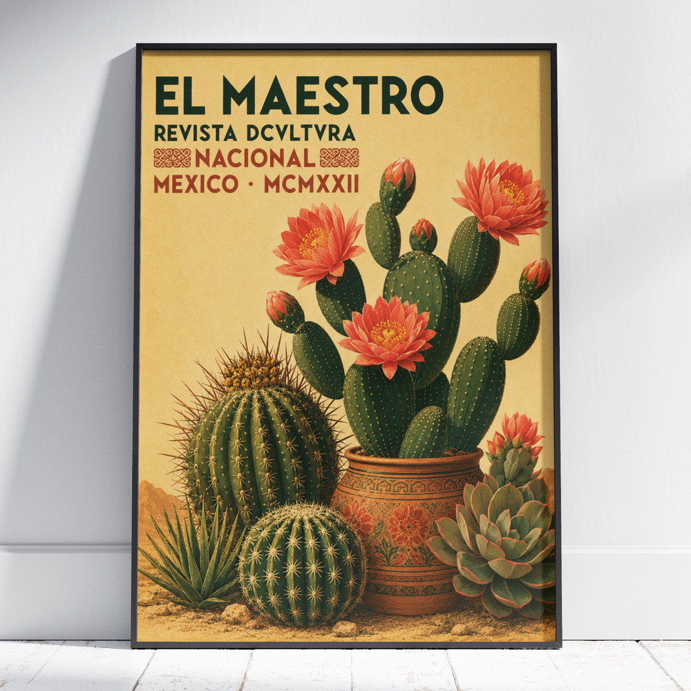 Vintage Mexico Cactus Poster – Botanical Art Canvas – Mexican Culture Wall Decor