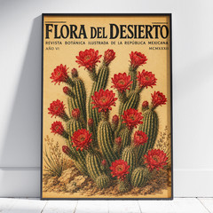 Vintage Desert Cactus Poster, Flowering Red Art Canvas, Botanical Wall Decor