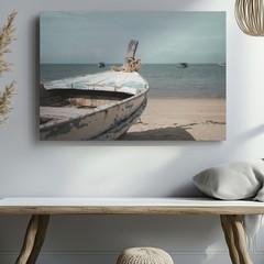 Rustic Old Boat on Beach Seashore Canvas Wall Art Coastal Ocean Print Decor