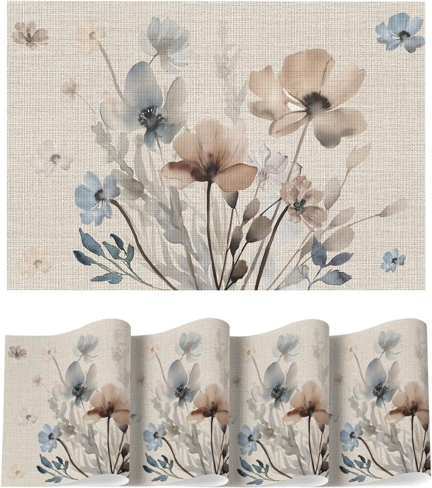 Brown Poppy Floral Vinyl Plastic Placemats Set of 4, Washable Non-Slip PVC Table
