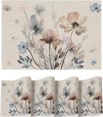 Brown Poppy Floral Vinyl Plastic Placemats Set of 4, Washable Non-Slip PVC Table