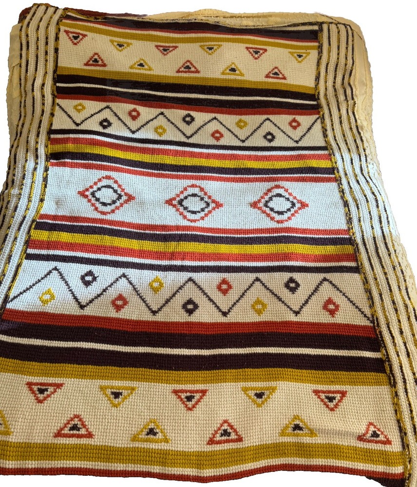 VTG Aztec Southwest Afghan Blanket Knitted Tan Beige Reversible Woven 78 X 56”