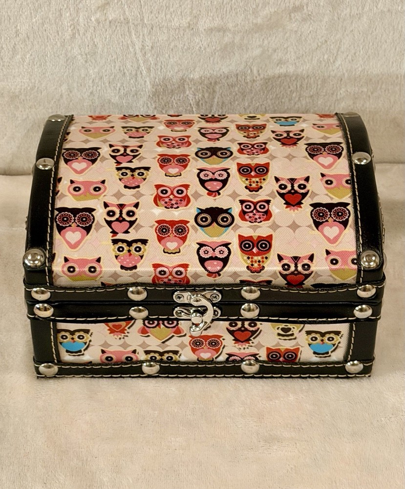 Decorative Owl Keepsake Trinket Storage Treasure Chest Box 8x6x4 Pink Tan EUC