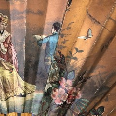Vintage Large Romantic Garden Folding Decorative Fan Paper Wood Victorian Art