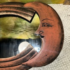 Vintage Rare Orange Celestial Wood Wall Mirror Moon Sun Stars Hand Painted 1990s