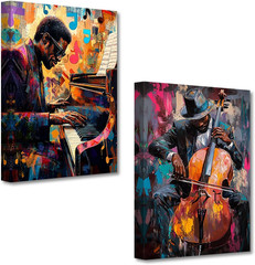Black Music Wall Art Jazz Canvas Prints 2 Pieces African American Playing Piano