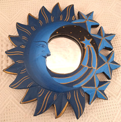 Vtg Celestial Accent Wall Mirror Hand Painted Wood Sun Moon Stars 1990s 8″x8″