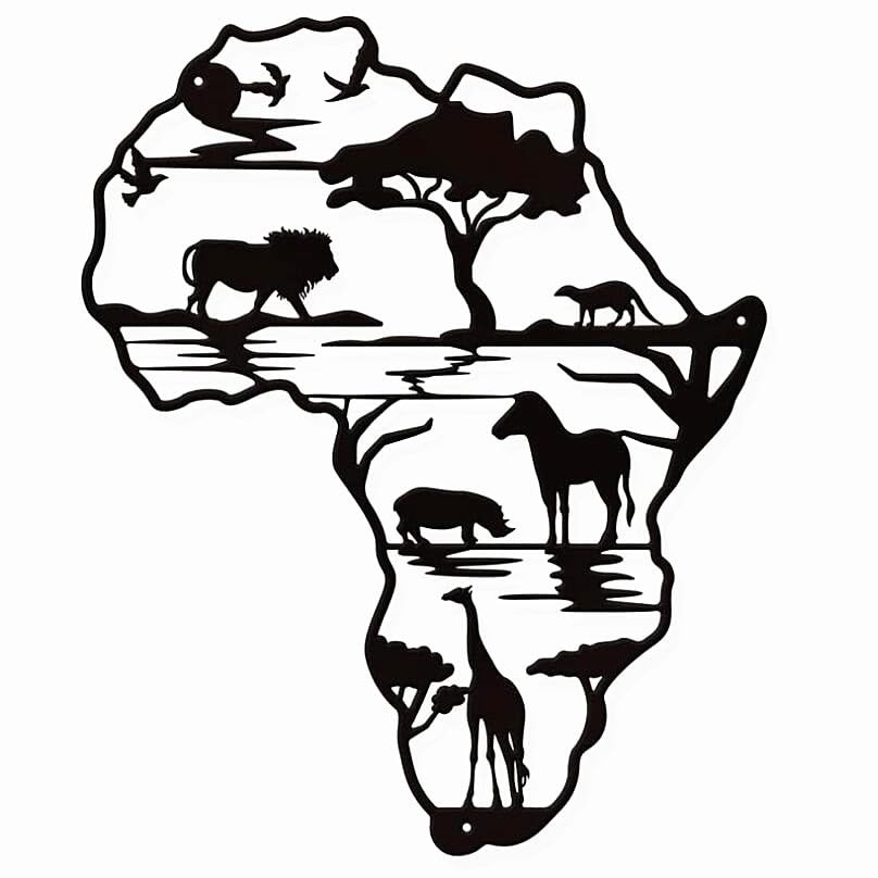 Africa Map 9.76″ wide, 11.8″ long Metal Wall Decor African Animals Wall Art C…