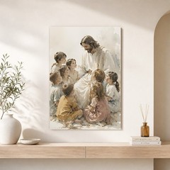 Jesus With Children Canvas Art Watercolor Style Christian Religious Decor Gift