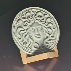 Gray Resin Medusa Mythology Plaque, Round Textured 3D Effect