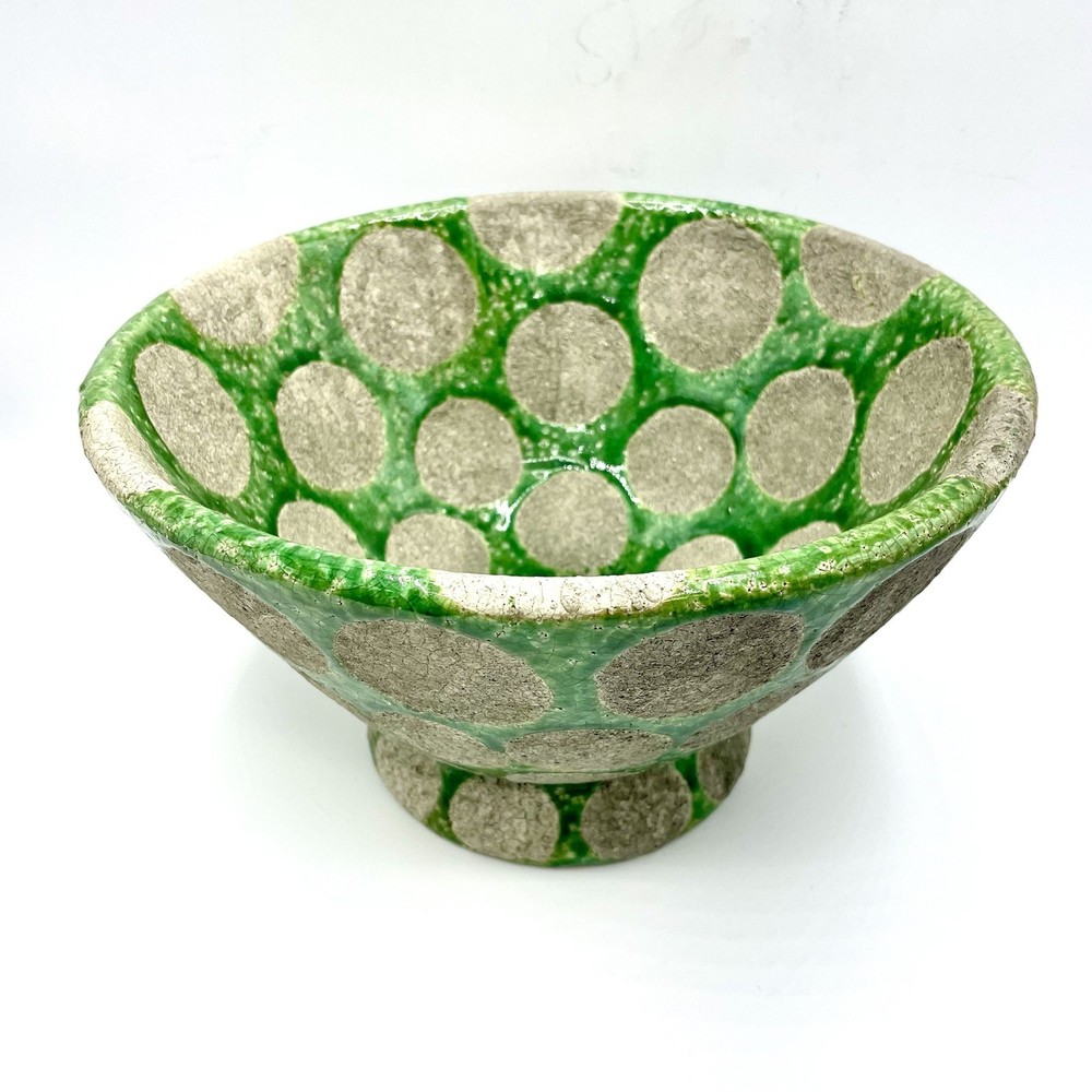 Green & Cement Gray Terra-Cotta Footed Decorative Bowl with Wax Relief Dots