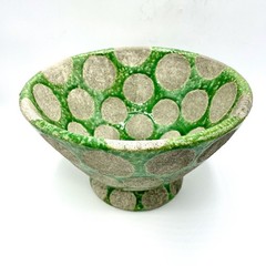 Green & Cement Gray Terra-Cotta Footed Decorative Bowl with Wax Relief Dots