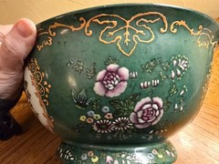 10″ Green Glazed Decorative Footed Bowl w/ Enameled Floral Design & Gold Detail