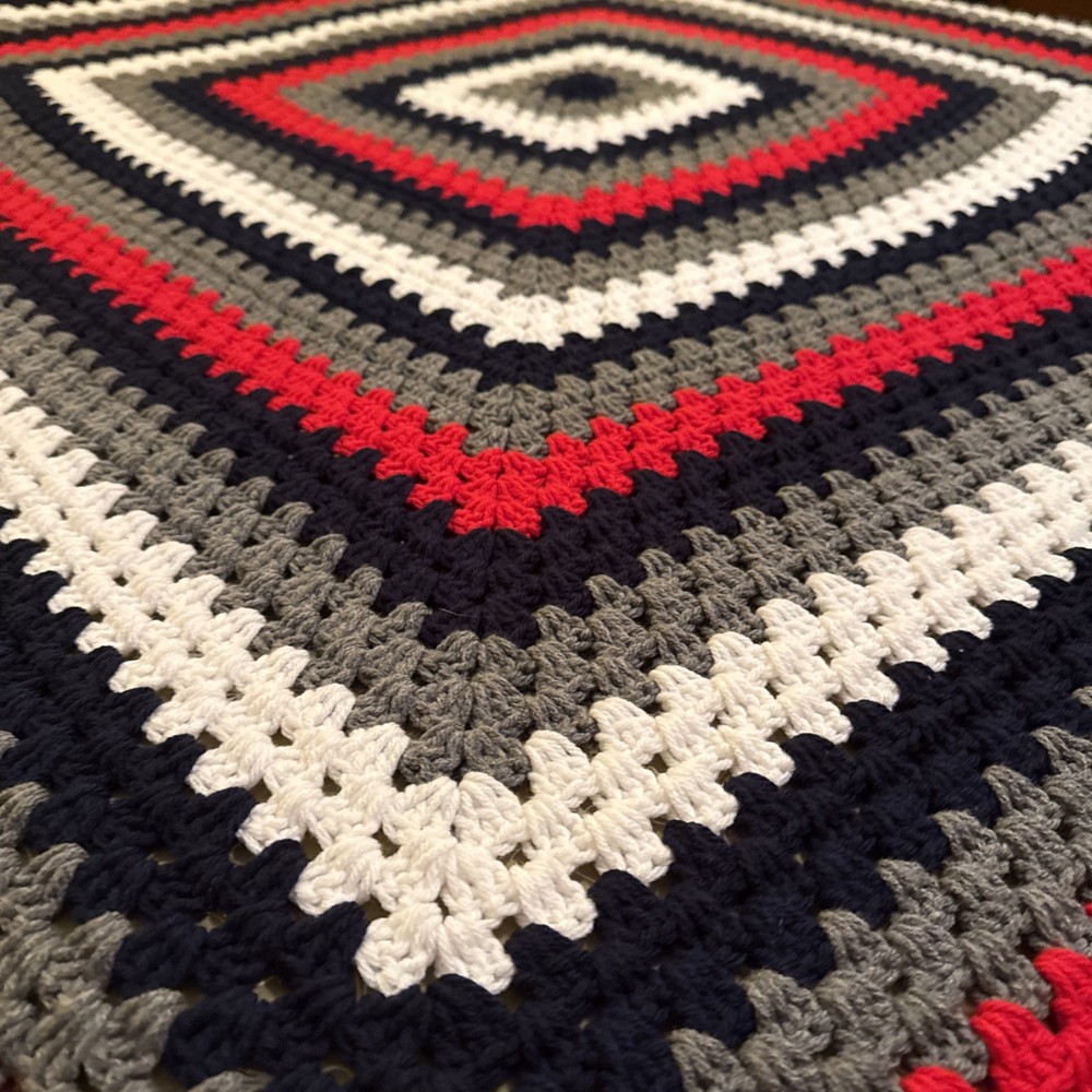 Handmade Crocheted Afghan Throw Blanket Red Black White Gray 60” x 60”