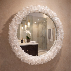 Round Selenite Crystal Wall Mirror Luxury Handmade Bathroom Vanity Mirror Decor