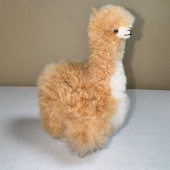 Handmade Alpaca Fur Plush Figurine Tan White Soft Alpaca Decor 9 Inch