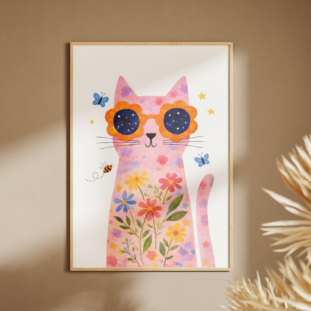 Floral Cat with Glasses Print | Kids Room Wall Art