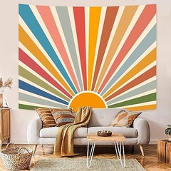 Boho Burning Sun Tapestry Wall Hanging, Retro 70s Abstract 48″L x 36″W Rainbow