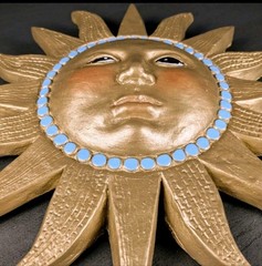 Gold Celestial Chalkware Sun Face Turquoise Dots Wall Decor 11″ Boho Plaster