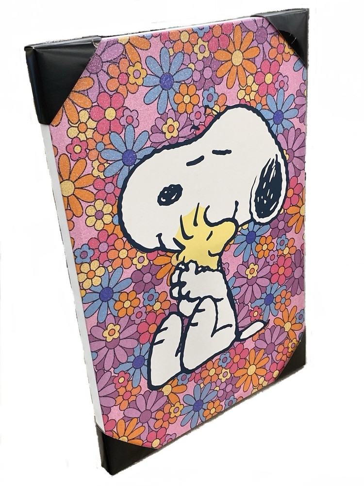 Peanuts Snoopy & Woodstock Glitter Flowers Canvas Print Wall Art, 16” x 12”