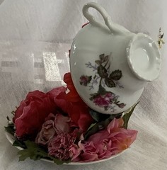 Mystical FLOATING PORCELAIN TEACUP/ARTIST MADE OOAK/Red & Pink FLORAL CASCADES/