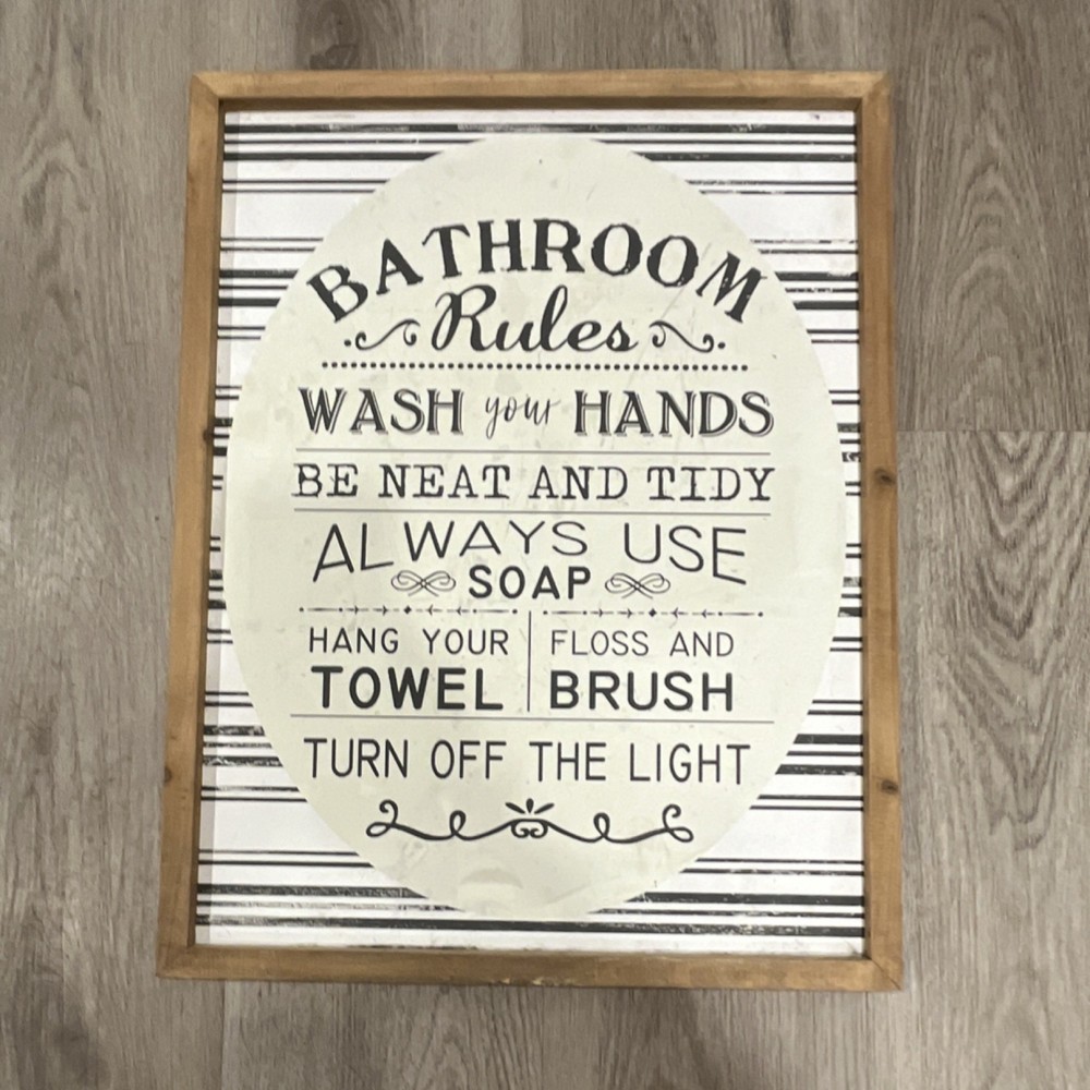 Framed Decorative Bathroom Rules Wall Sign Wood MDF White Black Brown