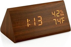 Compact Triangular LED Alarm Clock with Time, Temperature, and Humidity Readout