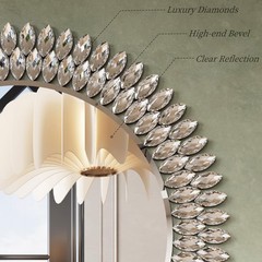 Round Jeweled Mirror for Wall Decor, 26 in Modern Decorative Wall Mirror with…
