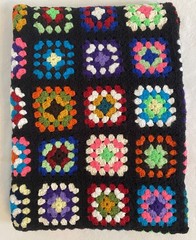 Vintage Granny Square Afghan Hand Crochet Multi-Color Black Blanket 63×46 Retro